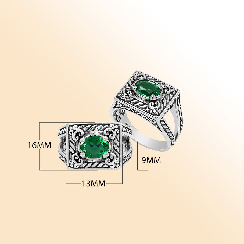 Elegant Sterling Silver Rectangular Green Quartz Ring With Balinese Design
