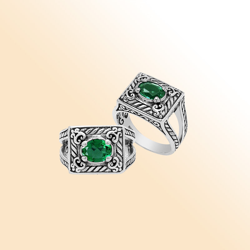 Elegant Sterling Silver Rectangular Green Quartz Ring With Balinese Design