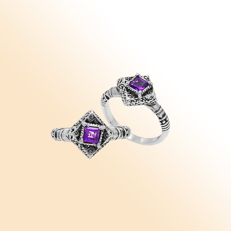 Elegant Sterling Silver Diamond Shape Amethyst Quartz Ring With Balinese Design