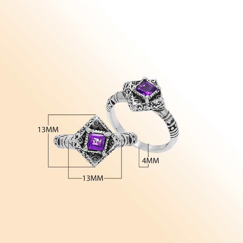 Elegant Sterling Silver Diamond Shape Amethyst Quartz Ring With Balinese Design