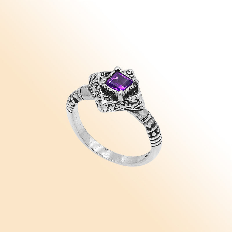 Elegant Sterling Silver Diamond Shape Amethyst Quartz Ring With Balinese Design