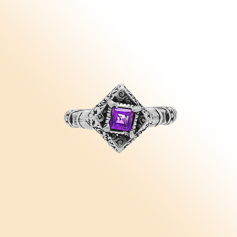 Elegant Sterling Silver Diamond Shape Amethyst Quartz Ring With Balinese Design