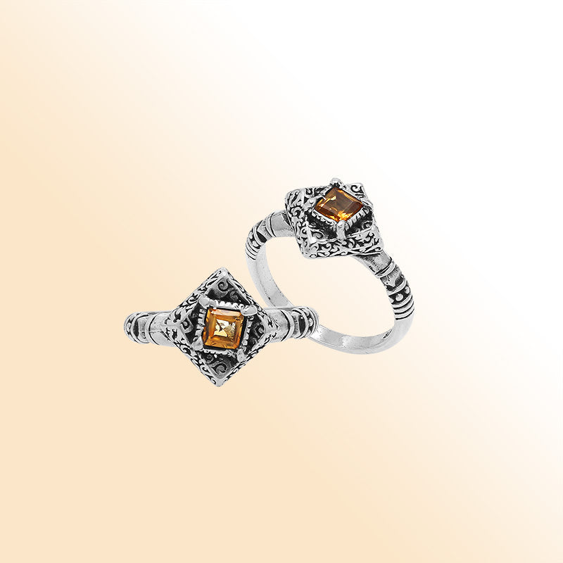 Elegant Sterling Silver Diamond Shape Citrine Quartz Ring With Balinese Design