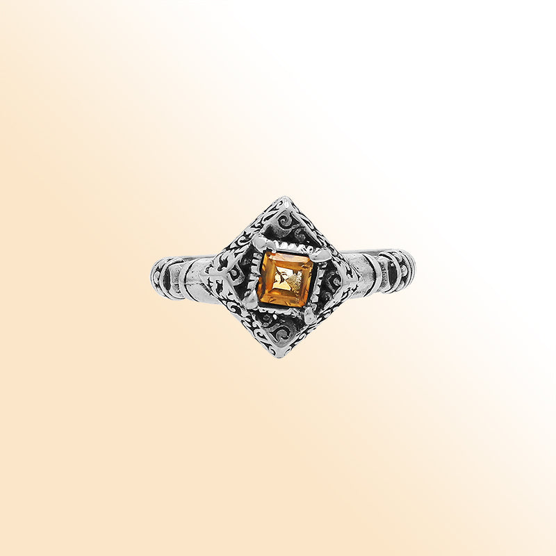 Elegant Sterling Silver Diamond Shape Citrine Quartz Ring With Balinese Design