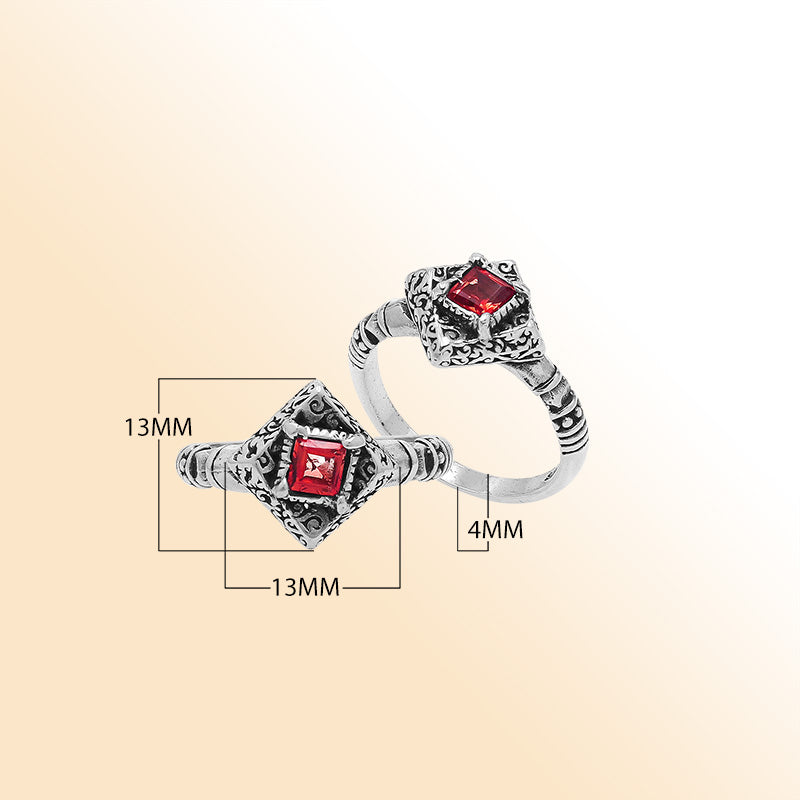 Elegant Sterling Silver Diamond Shape Garnet Quartz Ring With Balinese Design