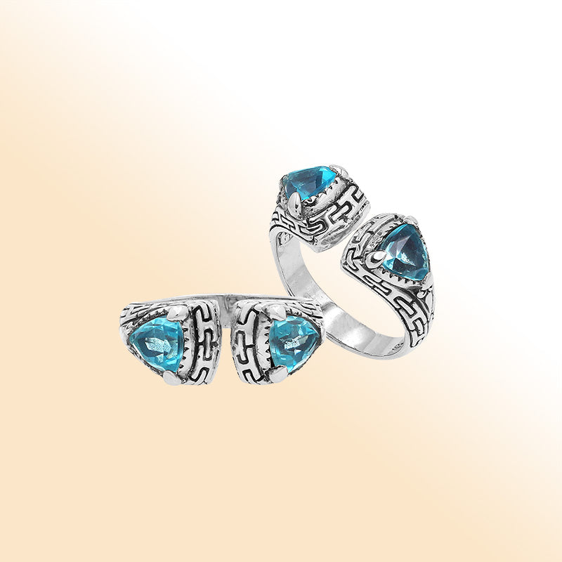 Elegant Sterling Silver Open Blue Topaz Quartz Ring With Balinese Design