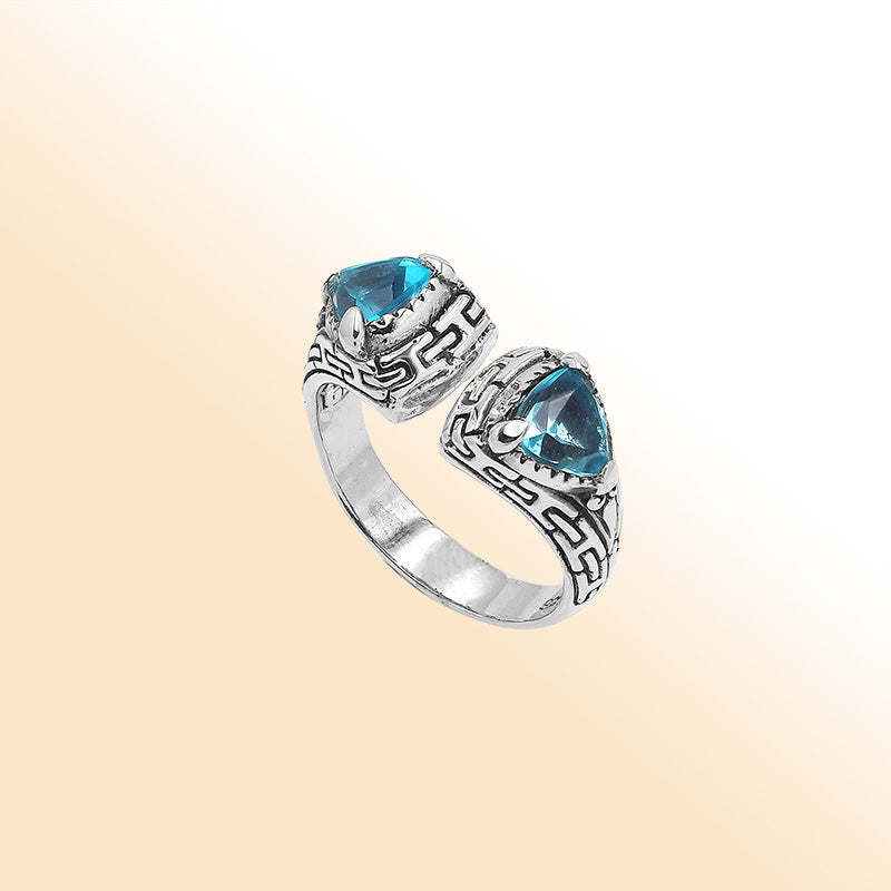 Elegant Sterling Silver Open Blue Topaz Quartz Ring With Balinese Design