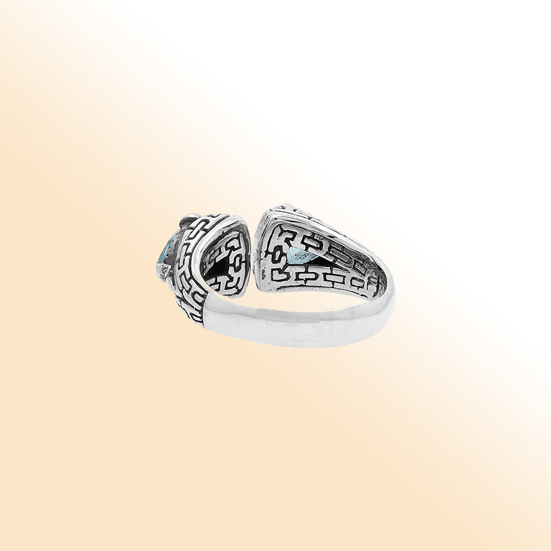 Elegant Sterling Silver Open Blue Topaz Quartz Ring With Balinese Design