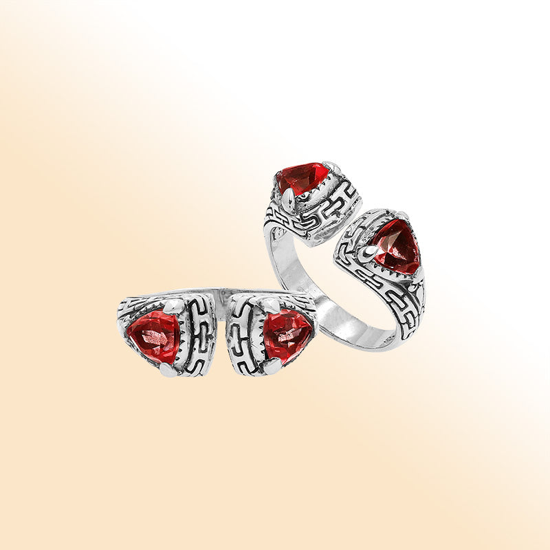 Elegant Sterling Silver Open Garnet Quartz Ring With Balinese Design