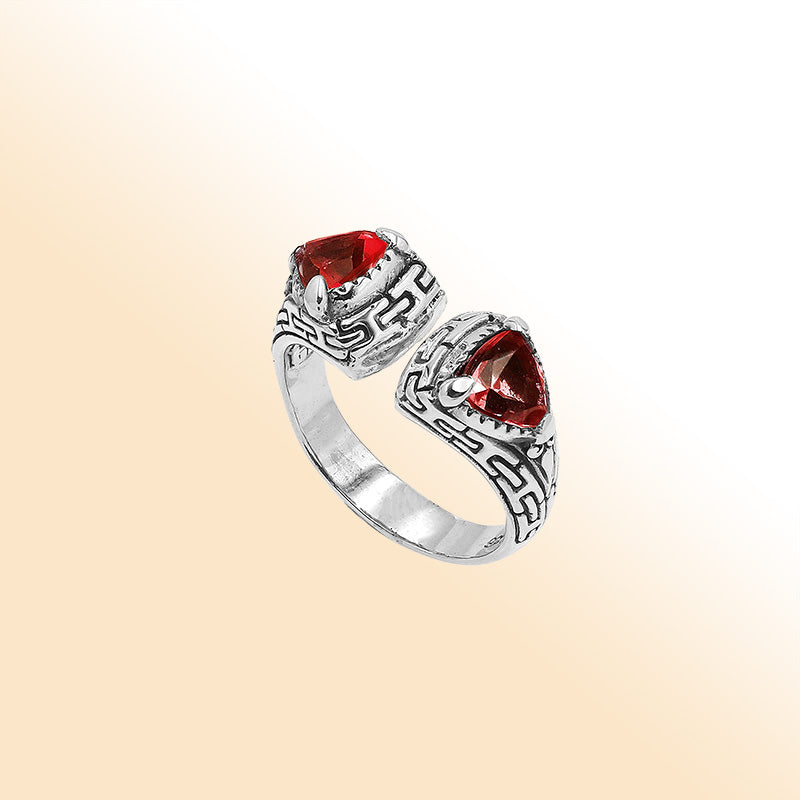 Elegant Sterling Silver Open Garnet Quartz Ring With Balinese Design