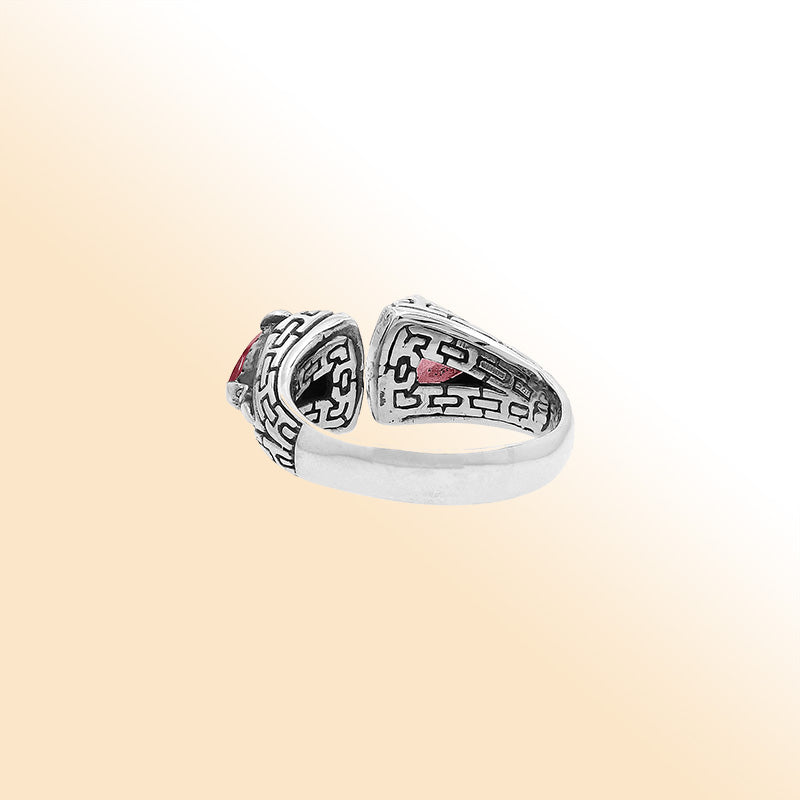 Elegant Sterling Silver Open Garnet Quartz Ring With Balinese Design