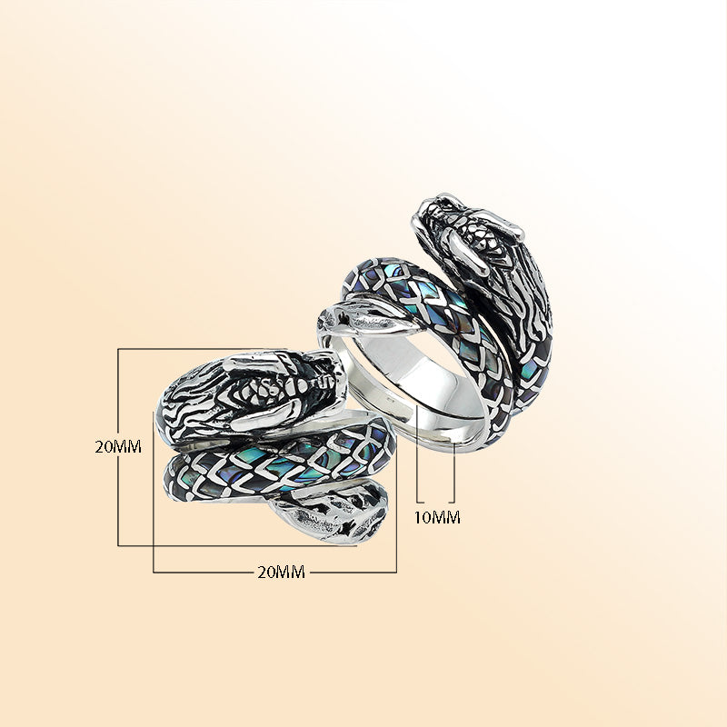 Balinese Sterling Silver Dragon Ring With Abalone Shell Inlay And Oxidized Detailing