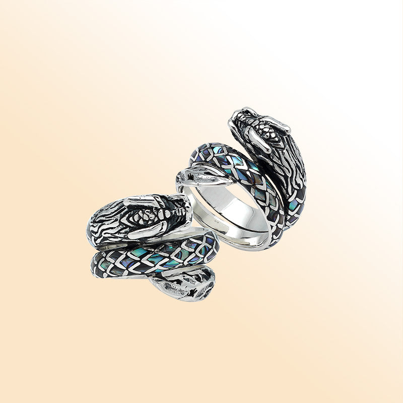 Balinese Sterling Silver Dragon Ring With Abalone Shell Inlay And Oxidized Detailing