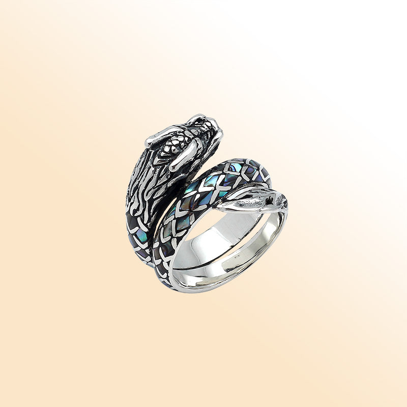 Balinese Sterling Silver Dragon Ring With Abalone Shell Inlay And Oxidized Detailing