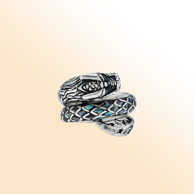 Balinese Sterling Silver Dragon Ring With Abalone Shell Inlay And Oxidized Detailing