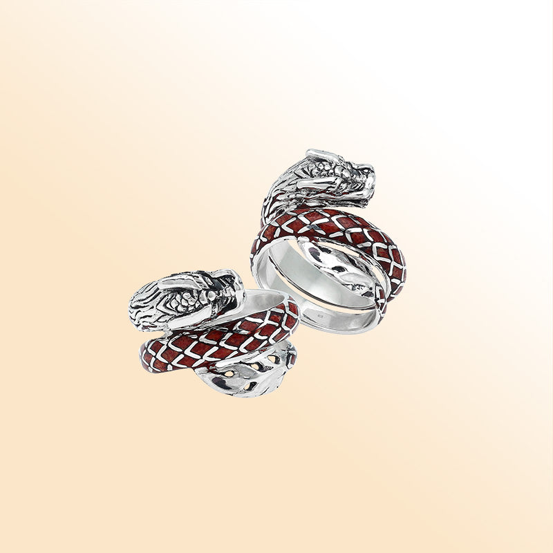 Sterling Silver Dragon Ring With Red Coral Inlay And Polished Detailing