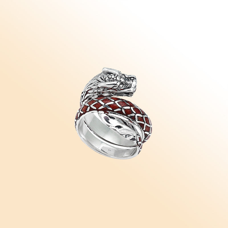 Sterling Silver Dragon Ring With Red Coral Inlay And Polished Detailing