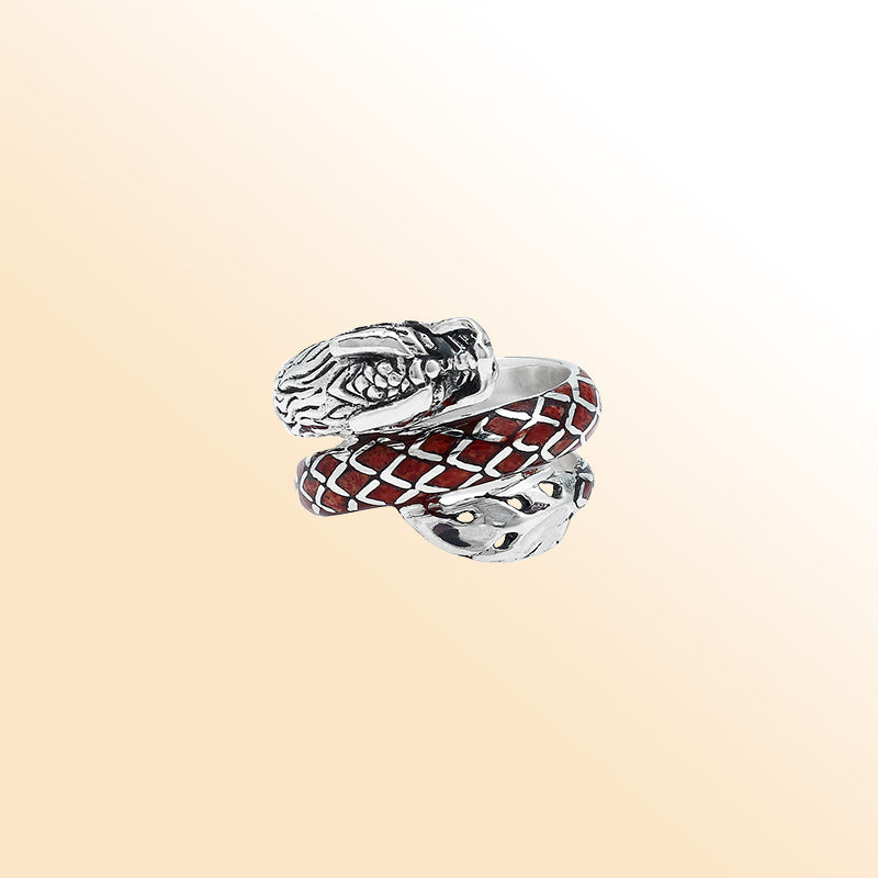 Sterling Silver Dragon Ring With Red Coral Inlay And Polished Detailing