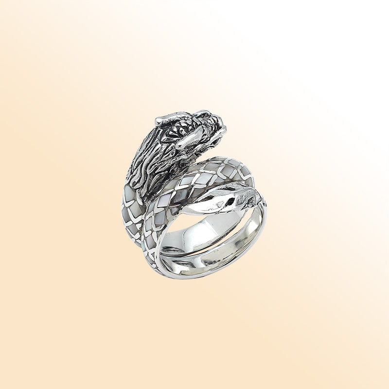 Sterling Silver Dragon Ring With Mother Of Pearl Inlay And Polished Detailing