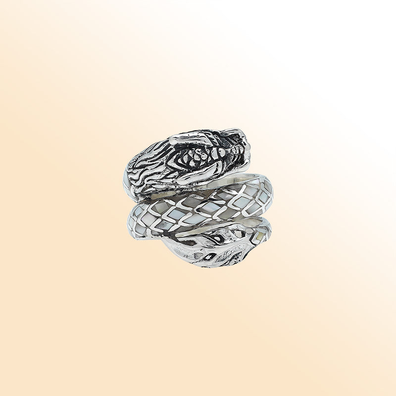 Sterling Silver Dragon Ring With Mother Of Pearl Inlay And Polished Detailing