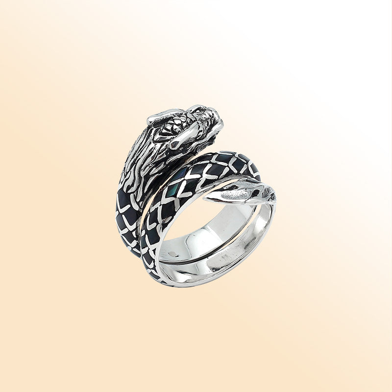 Sterling Silver Dragon Ring With Black Shell Inlay And Polished Detailing