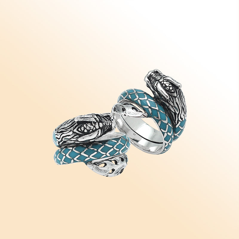 Sterling Silver Dragon Ring With Turquoise Shell Inlay And Polished Detailing