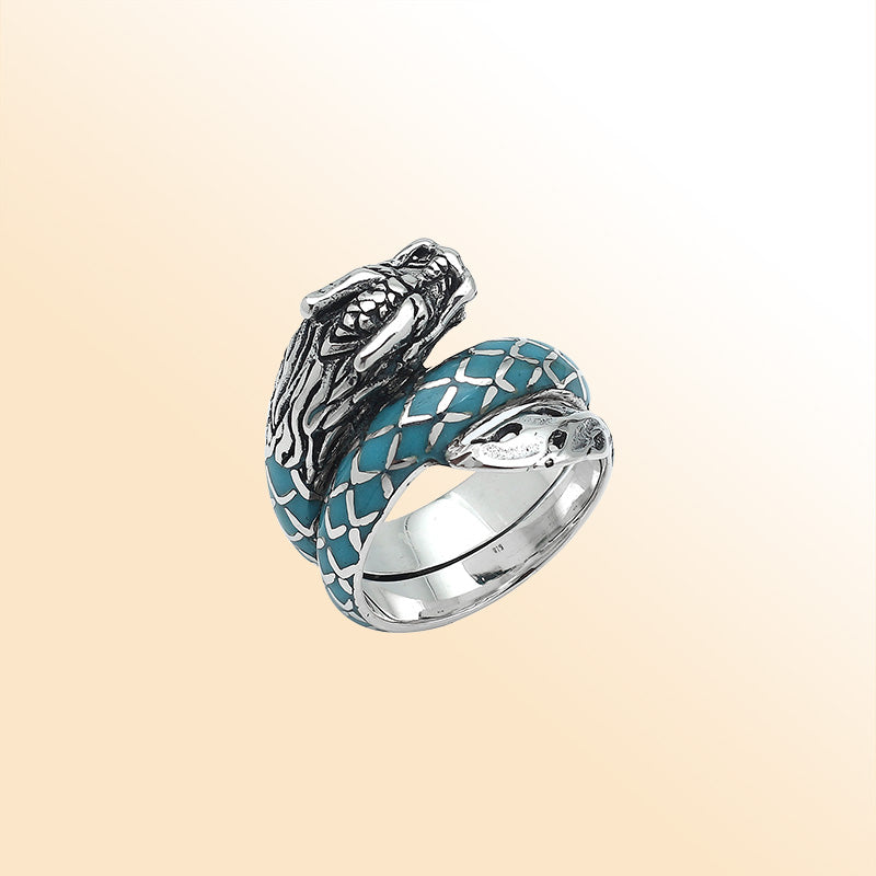 Sterling Silver Dragon Ring With Turquoise Shell Inlay And Polished Detailing
