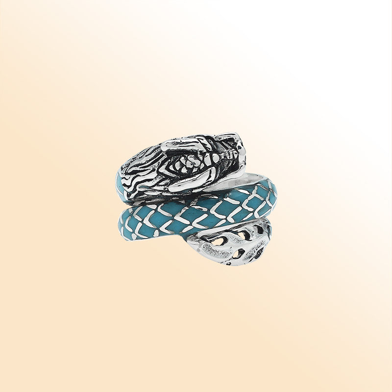 Sterling Silver Dragon Ring With Turquoise Shell Inlay And Polished Detailing