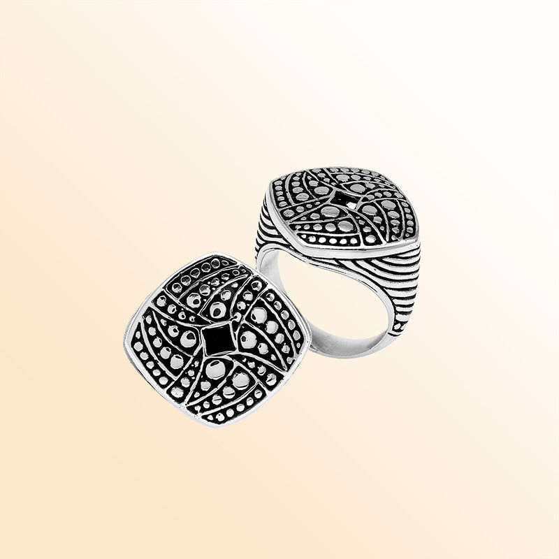 Sterling Silver Square Artisan Ring With Plain Silver And Oxidized Finish