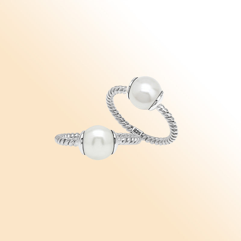 Sterling Silver Open Band Ring With Pearl Ends And Polished Detailing