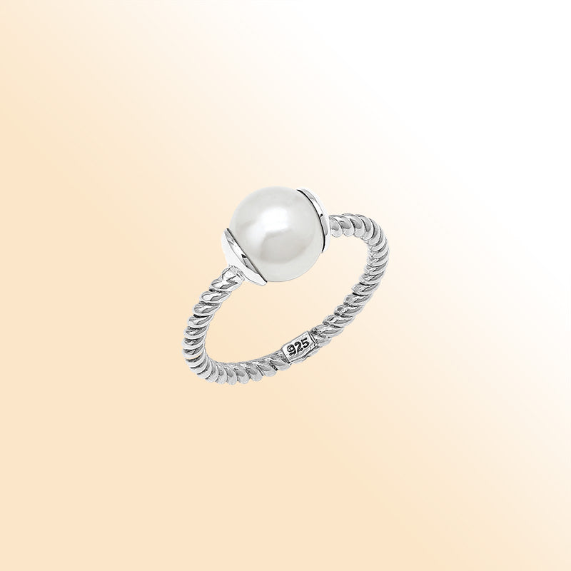Sterling Silver Open Band Ring With Pearl Ends And Polished Detailing
