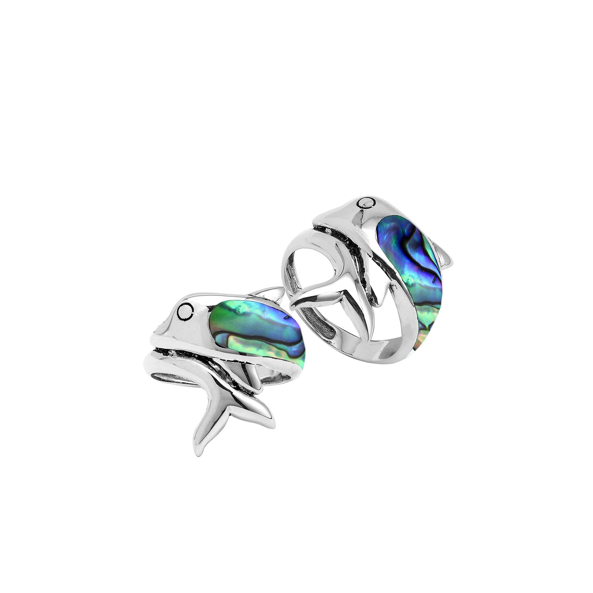 Sterling Silver Dolphin Ring With Abalone Shell And Polished Detailing