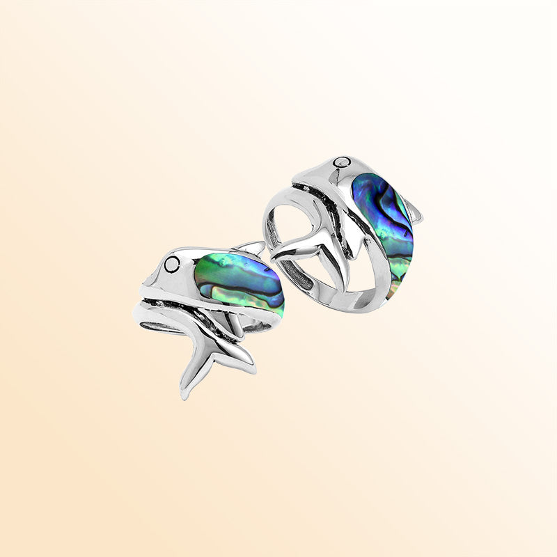Sterling Silver Dolphin Ring With Abalone Shell And Polished Detailing