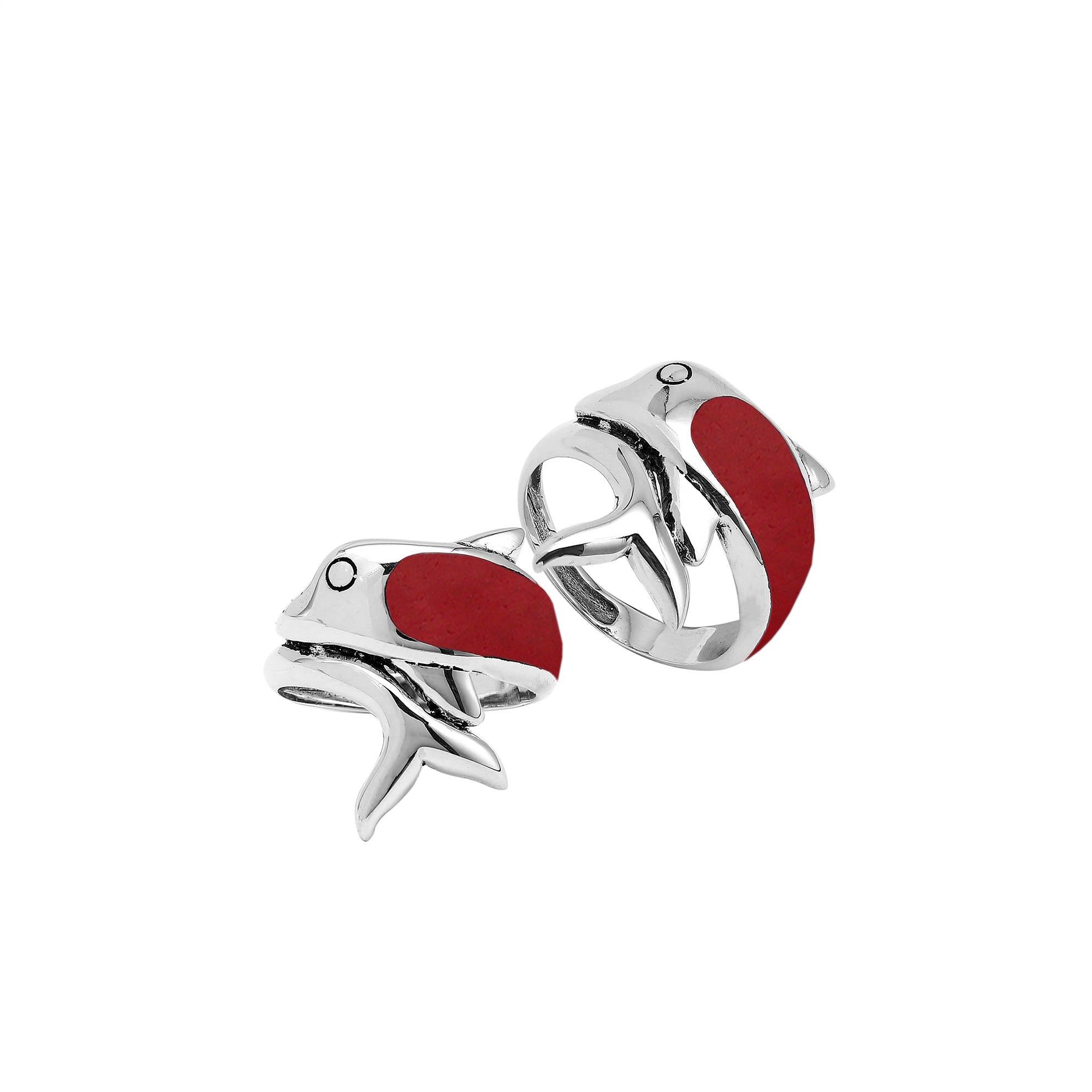 Sterling Silver Dolphin Ring With Red Coral And Polished Detailing
