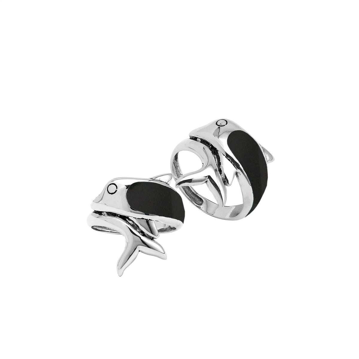 Sterling Silver Dolphin Ring With Black Shell And Polished Detailing