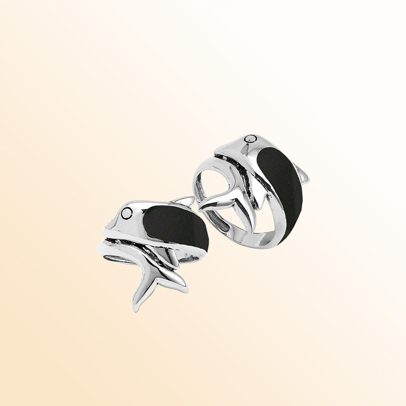 Sterling Silver Dolphin Ring With Black Shell And Polished Detailing