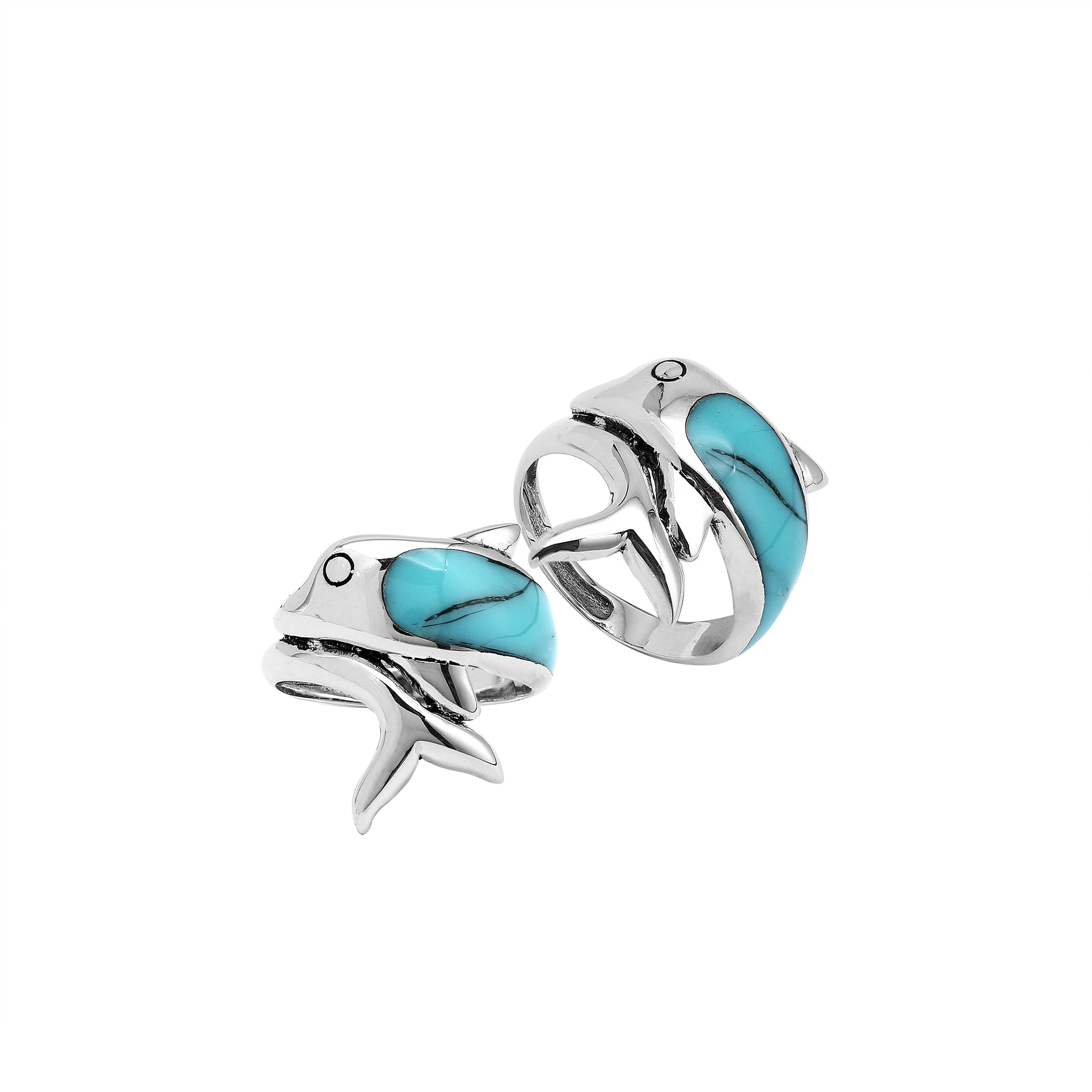 Sterling Silver Dolphin Ring With Turquoise Shell Inlay For Women