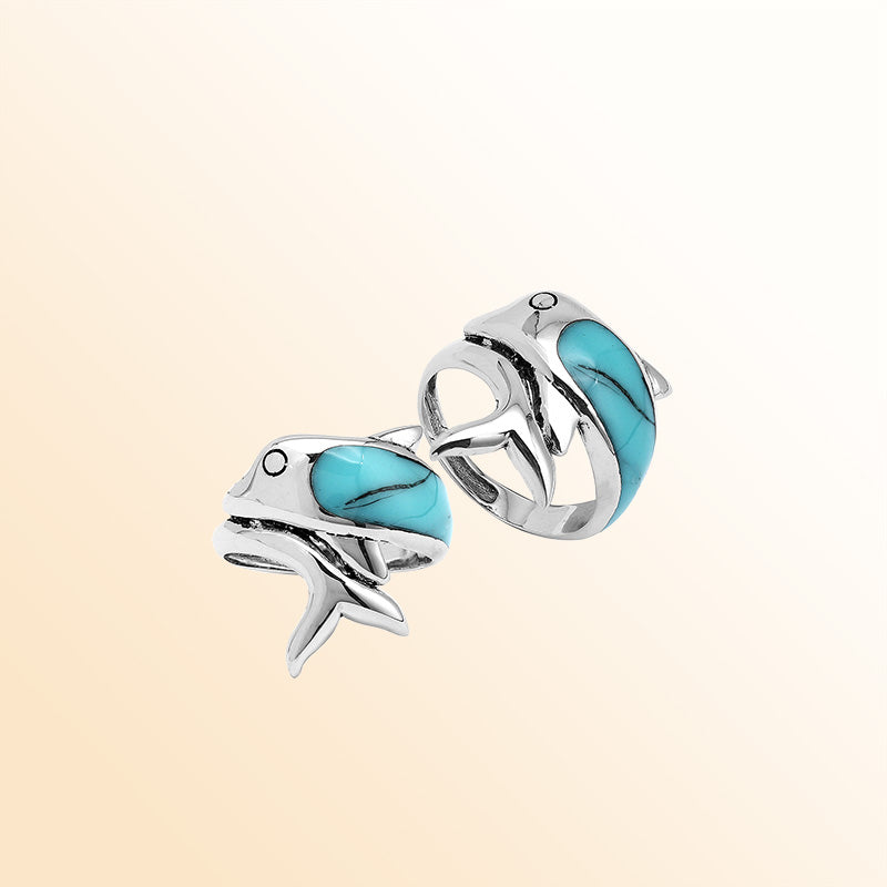 Sterling Silver Dolphin Ring With Turquoise Shell Inlay For Women
