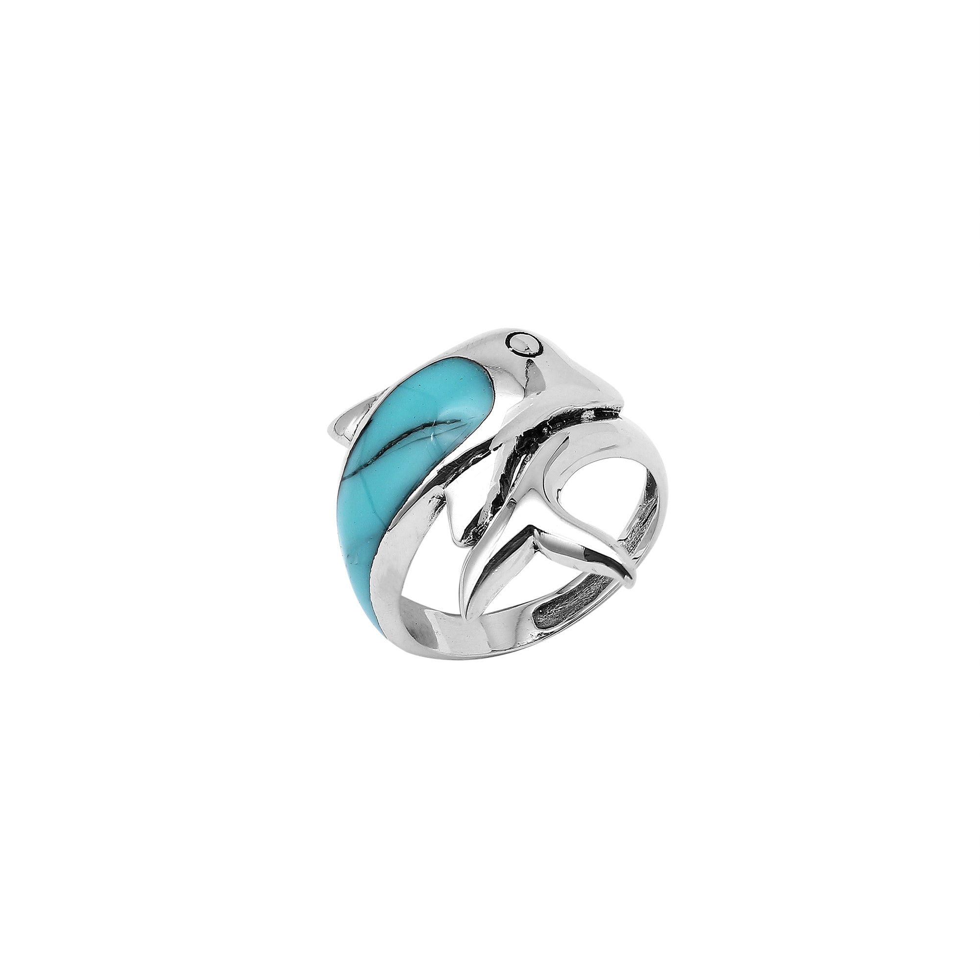 Sterling Silver Dolphin Ring With Turquoise Shell Inlay For Women
