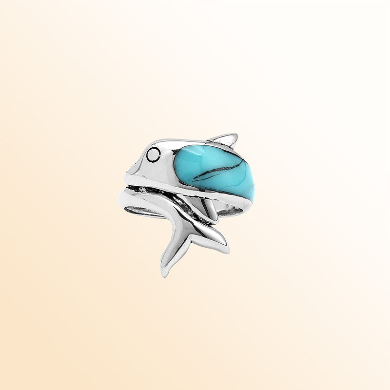 Sterling Silver Dolphin Ring With Turquoise Shell Inlay For Women