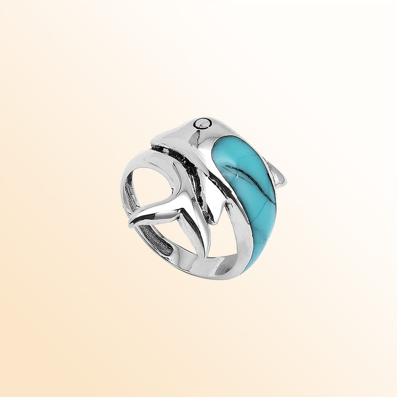 Sterling Silver Dolphin Ring With Turquoise Shell Inlay For Women