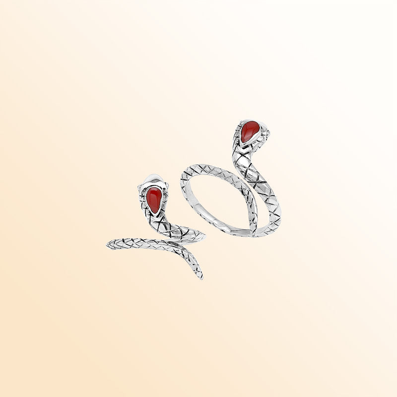 Sterling Silver Snake Ring With Red Coral And Polished Detailing