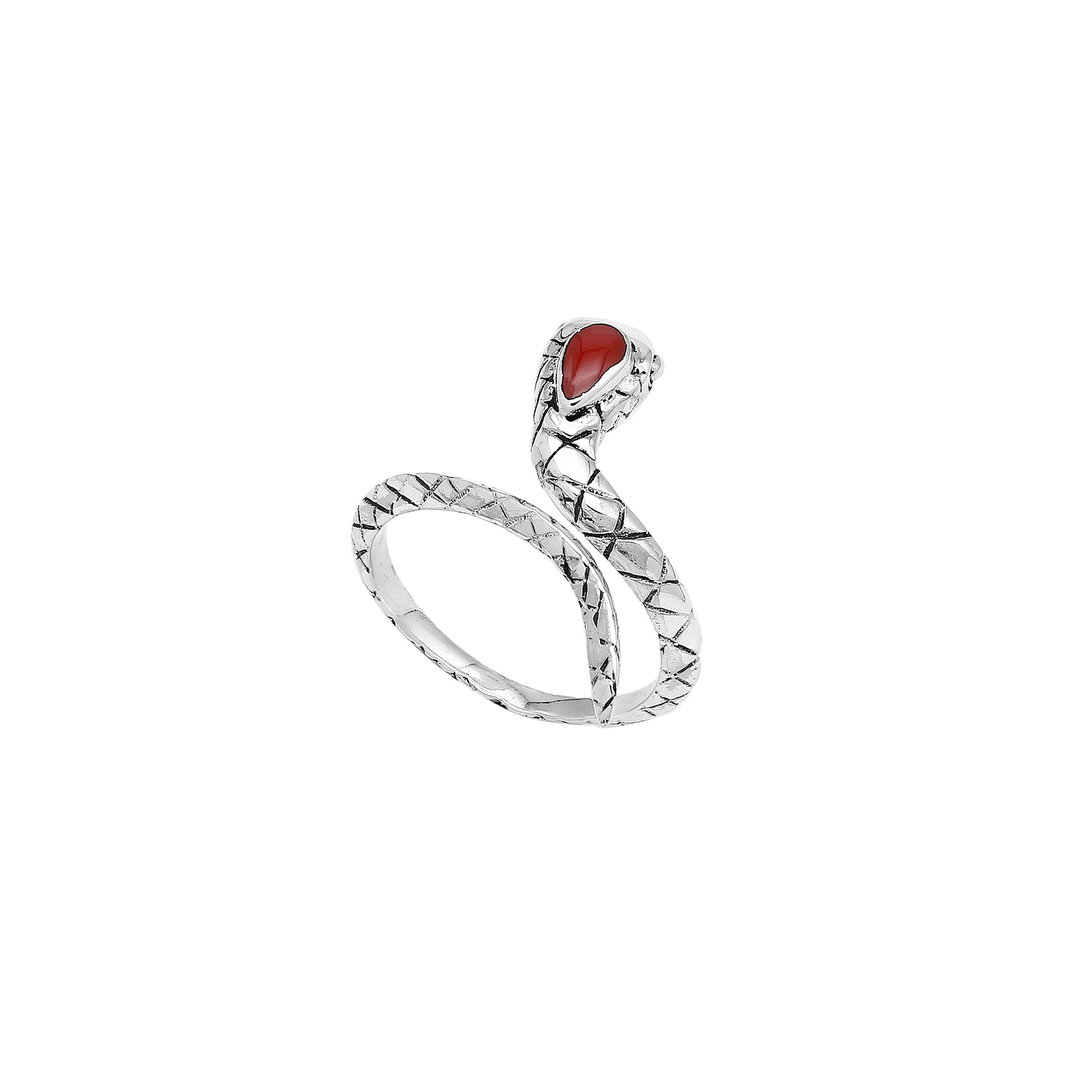 Sterling Silver Snake Ring With Red Coral And Polished Detailing