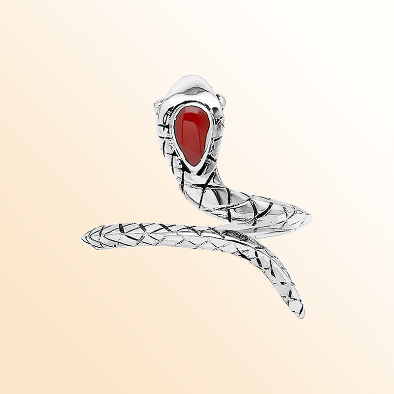 Sterling Silver Snake Ring With Red Coral And Polished Detailing