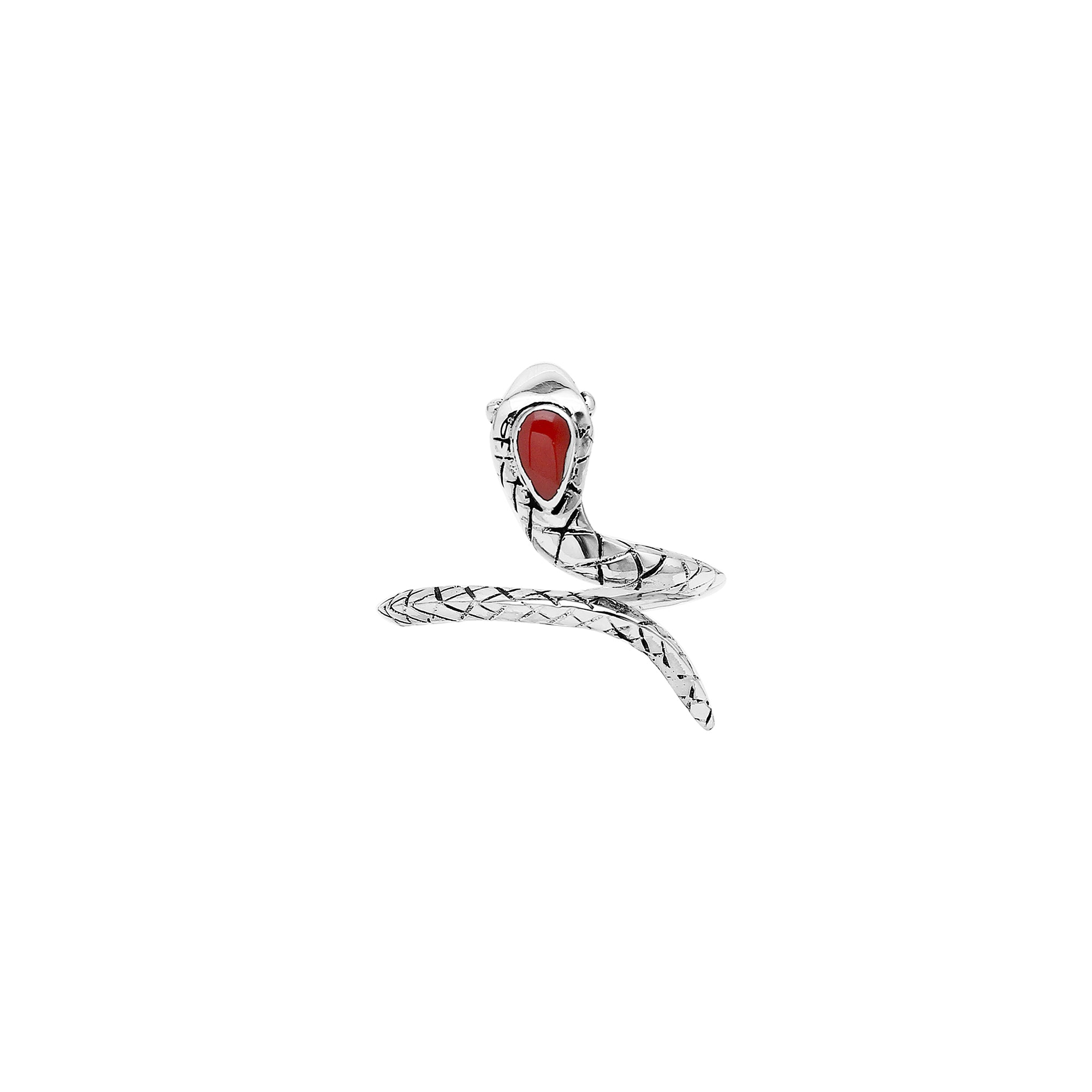 Sterling Silver Snake Ring With Red Coral And Polished Detailing