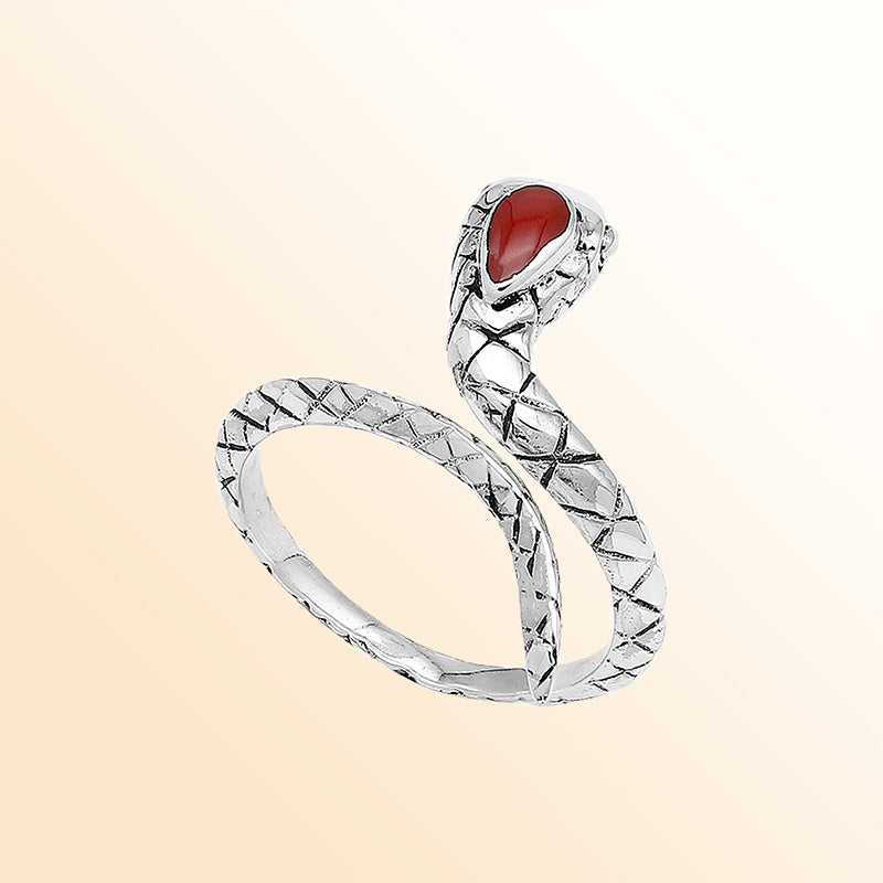 Sterling Silver Snake Ring With Red Coral And Polished Detailing