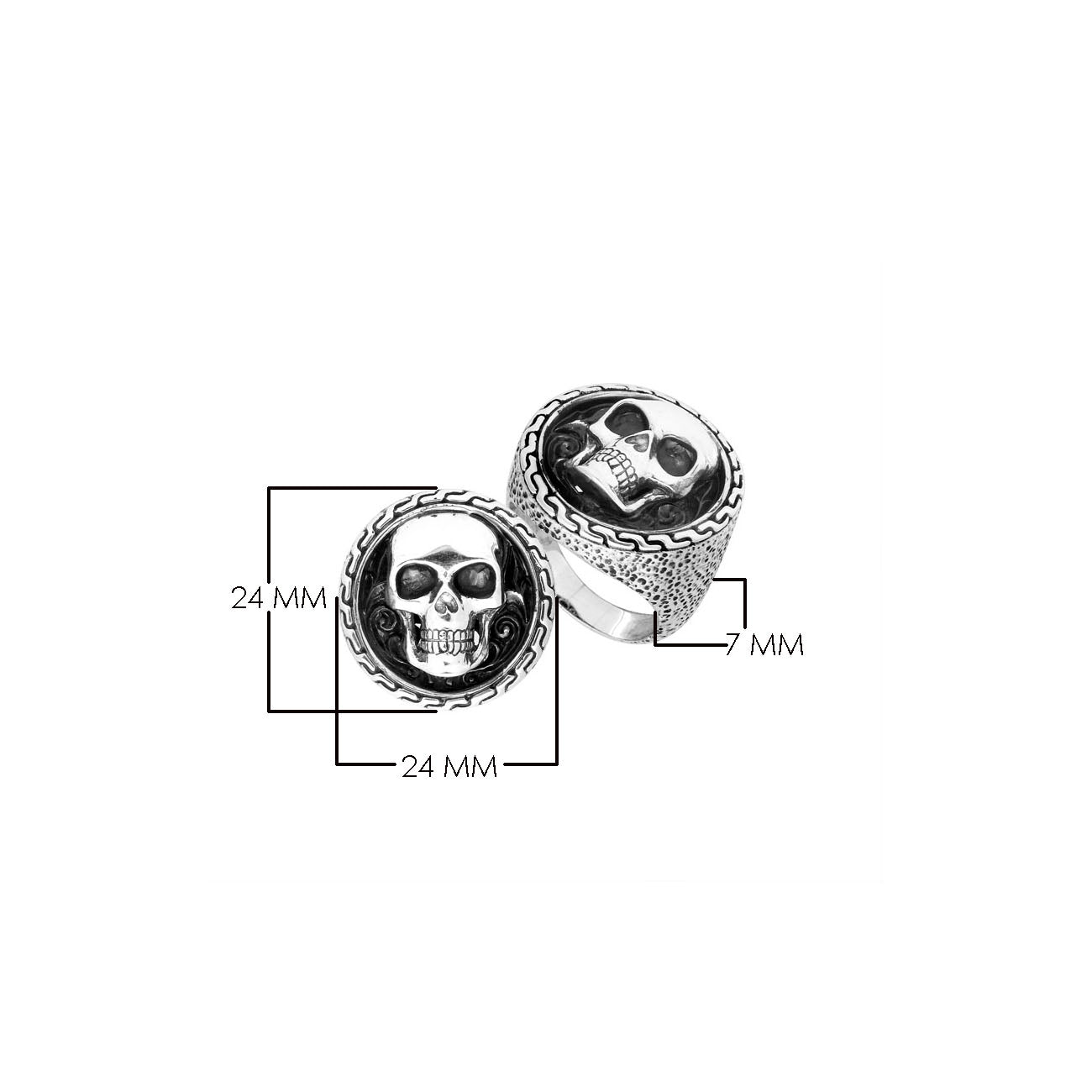 Sterling Silver Gothic Skull Ring With Oxidized Texture And Detailed Band