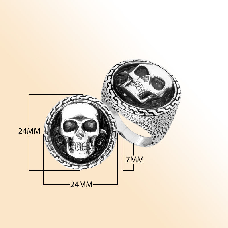 Sterling Silver Gothic Skull Ring With Oxidized Texture And Detailed Band