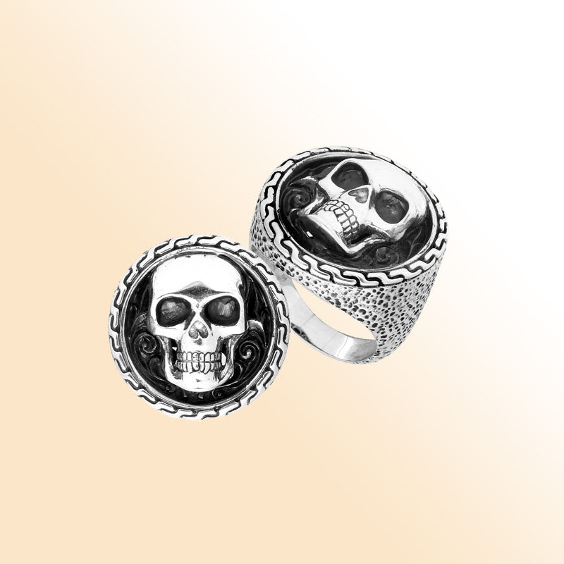 Sterling Silver Gothic Skull Ring With Oxidized Texture And Detailed Band