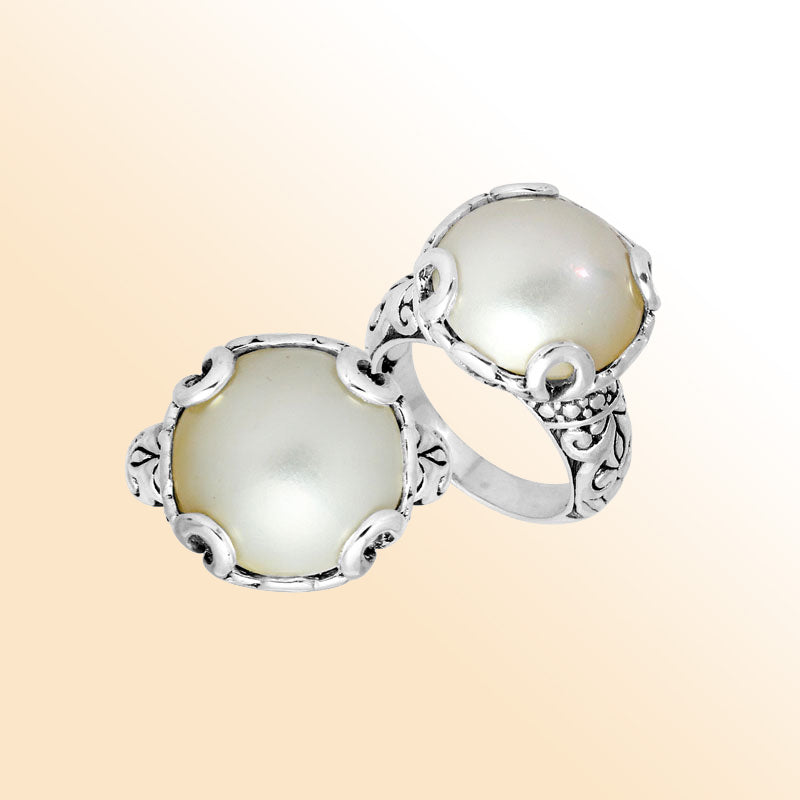 Sterling Silver Vintage Filigree Ring With Mabe Pearl Centerpiece